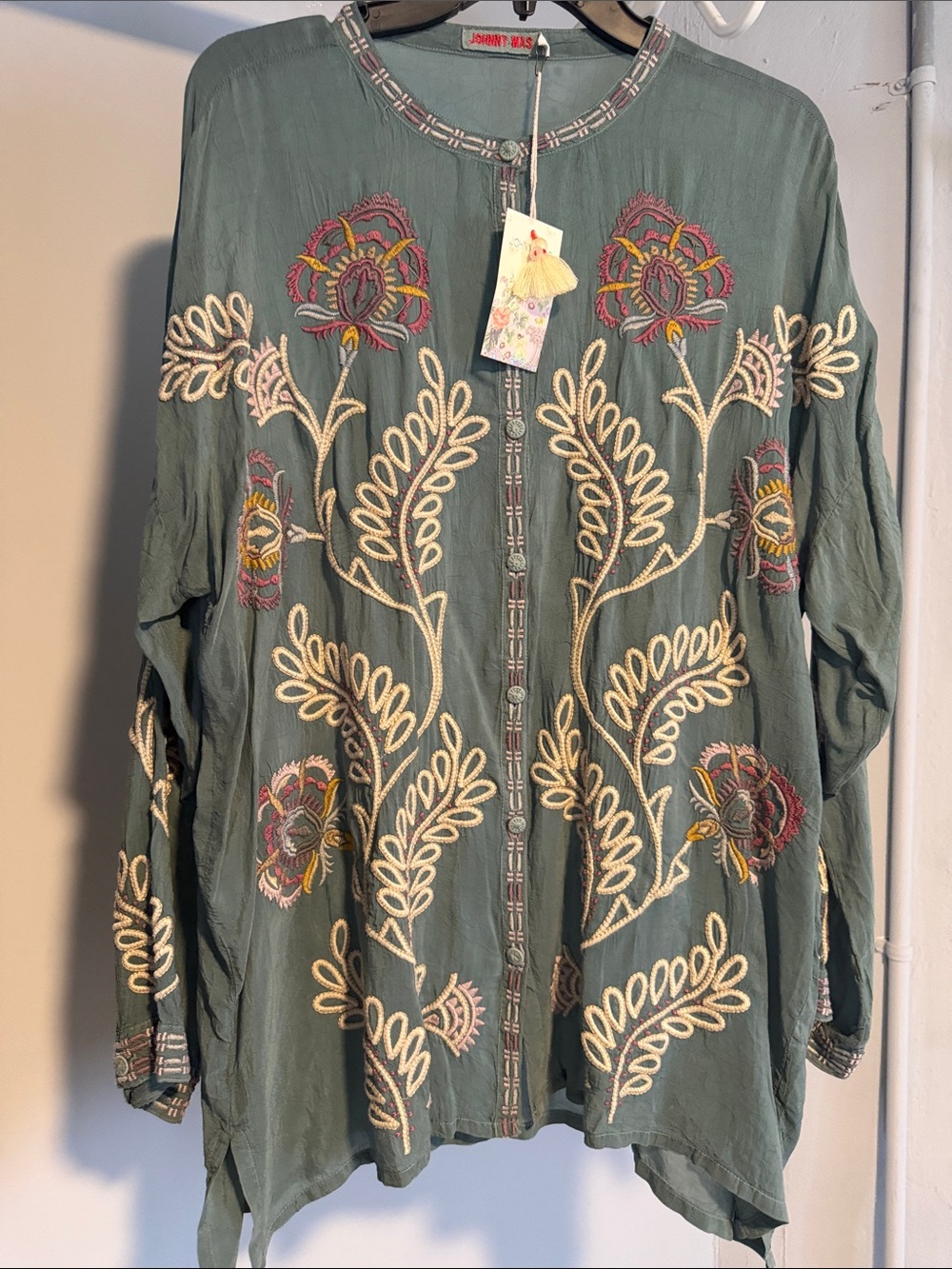 Johnny Was Olive Green Embroidered Trench Jacket